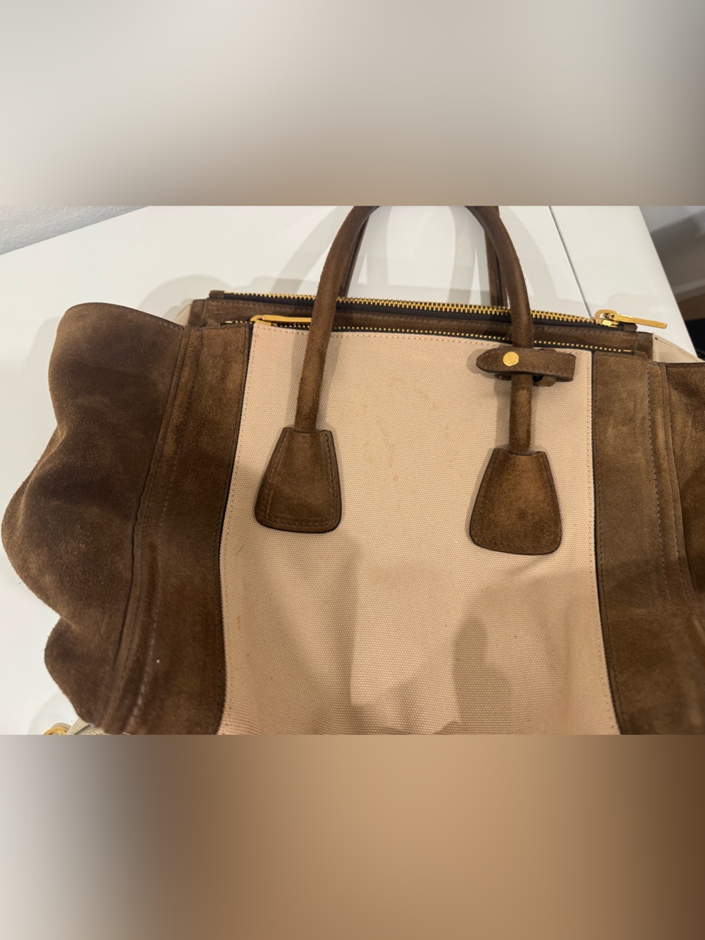 Prada Beige Cavas and Brown Suede Tote - Picture 7 of 8